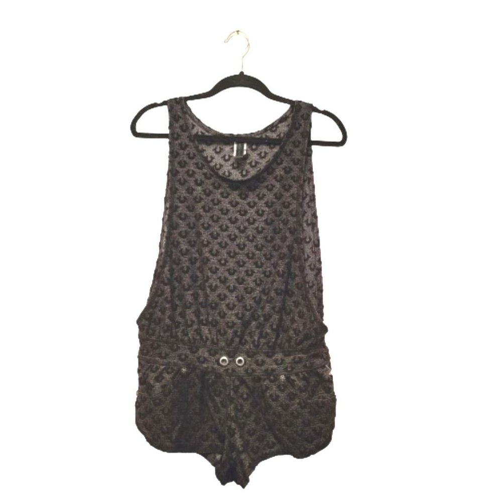 True Religion Womens Shorts Grey M Romper All-Over Logo Print Pants - Picture 1 of 9